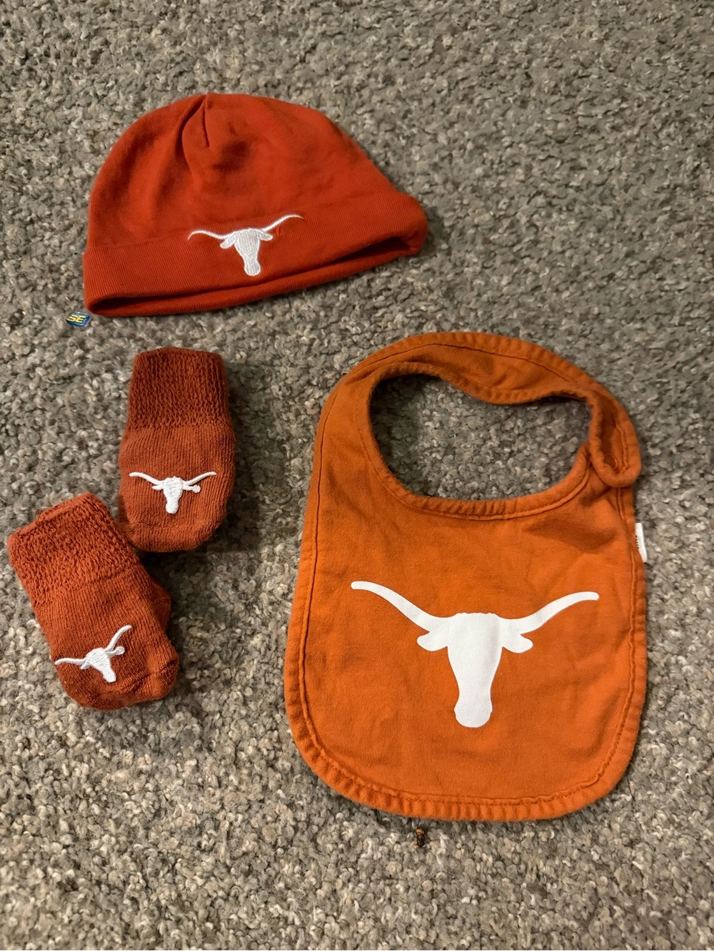 Burnt Orange Baby Bib, Hat & Socks Set with White Longhorn Logo